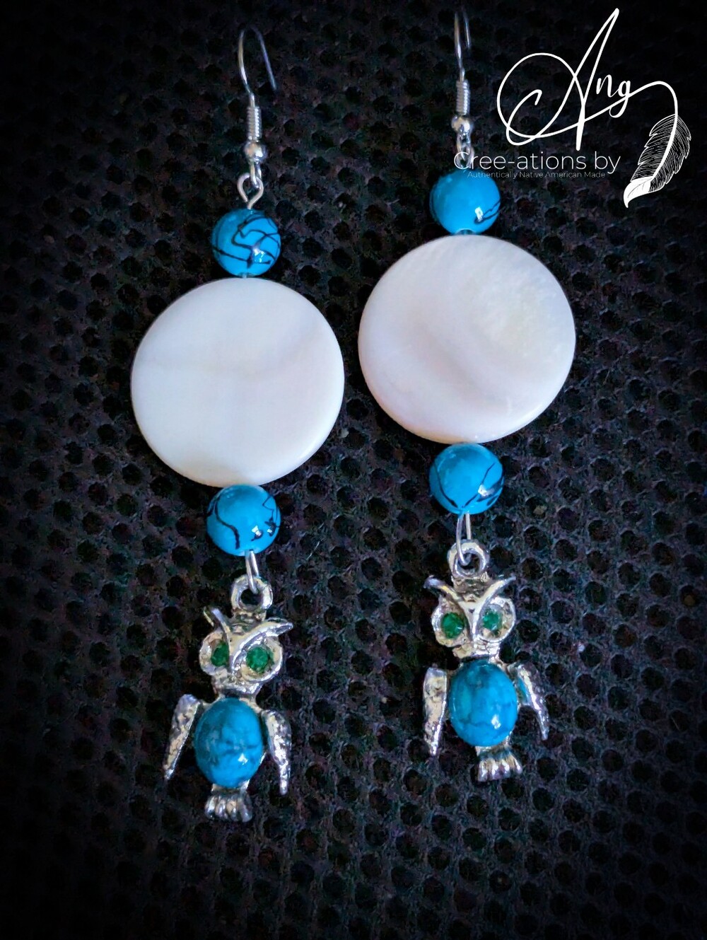 Handmade White Mother-of-Pearl & Turquoise Owl Bead Drop Earrings